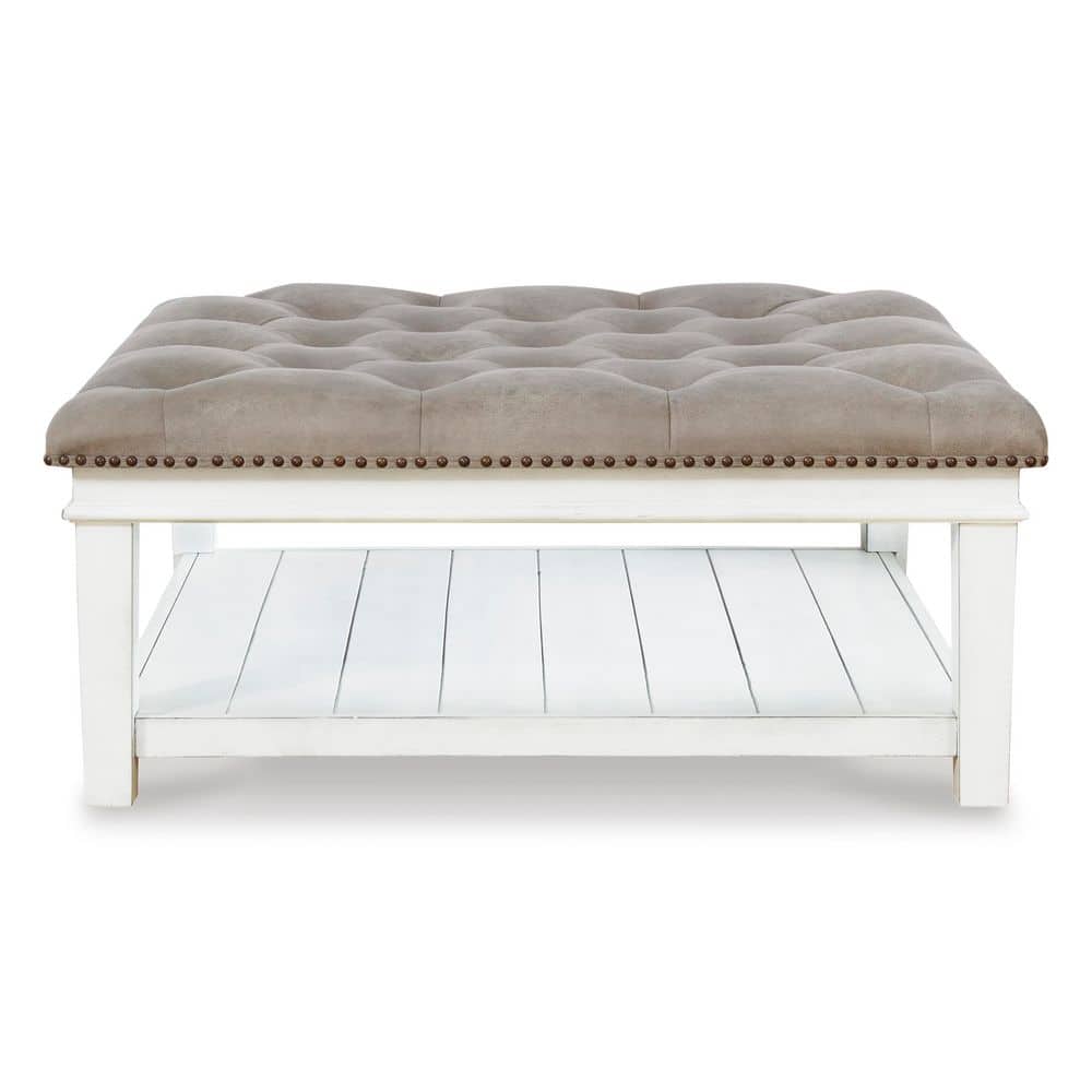 Whitewash Square Tufted Cocktail Ottoman with Lower Shelf