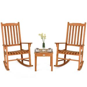 3-Pieces Natural Eucalyptus Wooden Outdoor Ergonomic Armrest Rocking Chair Set with Coffee Table(Hold up to 350 lbs.)
