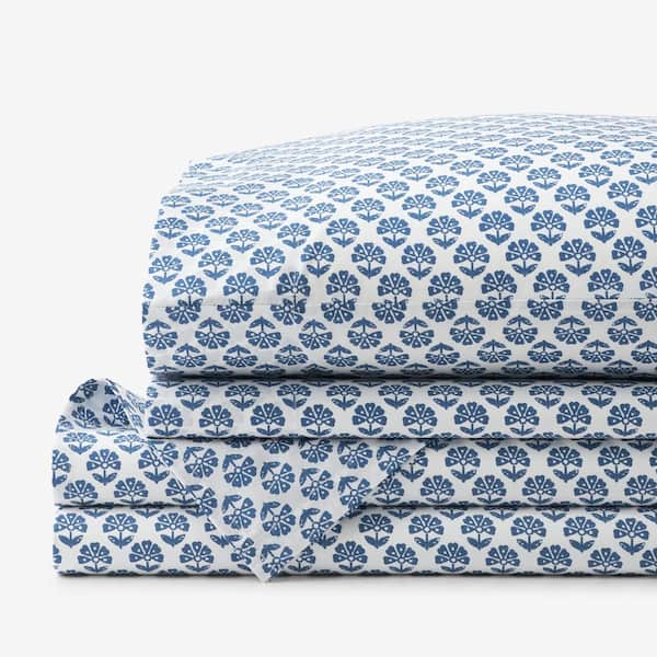 The Company Store Company Cotton Butti Flower Blue/White Cotton Percale Queen Sheet Set