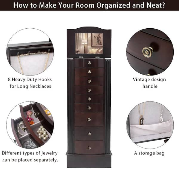 Wooden Jewelry Cabinet Storage Organizer with 7 Drawers - 14.8(L) x 9(w) x 38.6(H) - Brown