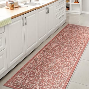 Charleston Vintage Filigree Textured Weave Red/Beige 2 ft. x 8 ft. Indoor/Outdoor Runner Rug