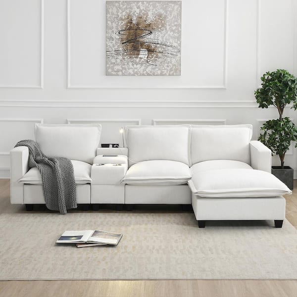 sumyeg 109 in. L-Shaped Chenille Sectional Sofa in. Beige with Console, USB Charging Port and Cup Holder