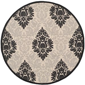 Courtyard Sand/Black 5 ft. x 5 ft. Round Floral Indoor/Outdoor Patio  Area Rug