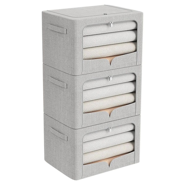 70 Qt. Linen Clothes Storage Bin with Lid in Light Gray (3-Pack)