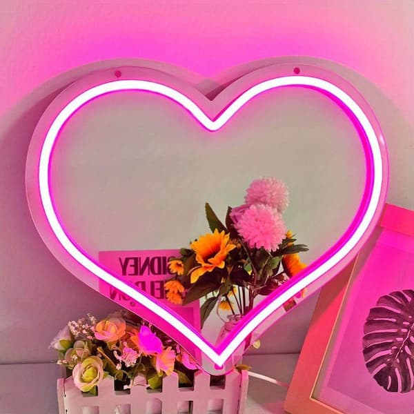 JAZAVA 10 in. x 12 in. Heart Neon Mirror Heart Neon Signs For Wall Decor