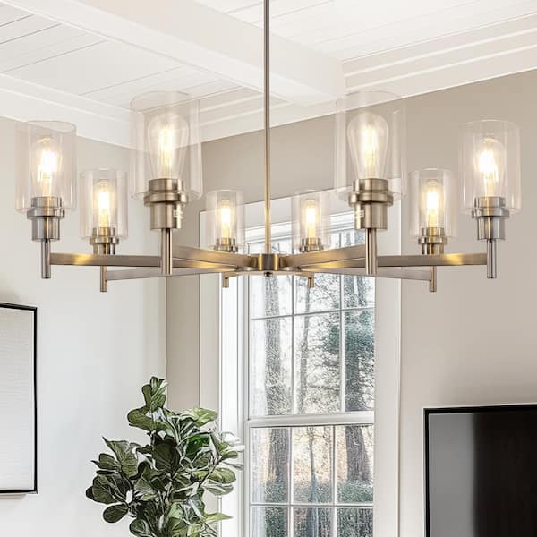 8-Light Brushed Nickel Industrial Chandelier with Clear Glass Cylinder Shades for Dining Room and Living Room
