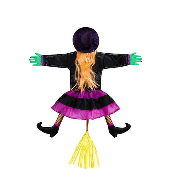 3.7 ft. Witch Outdoor Halloween Decoration, Solar Halloween Lighted Flying Witch for Porch Decoration, Orange and Purple