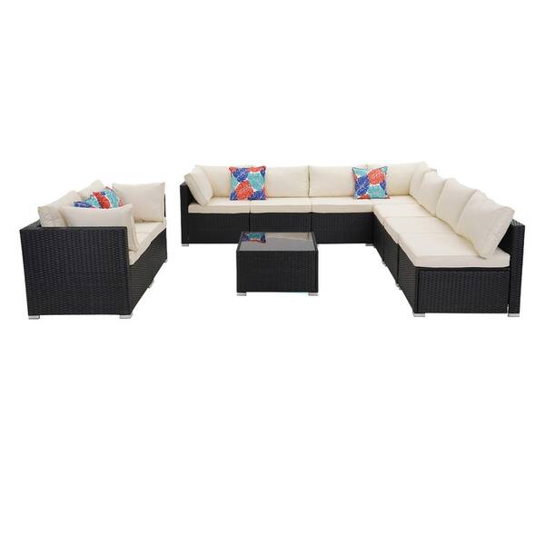 OVASTLKUY 10-Piece White Wicker Rattan Patio Furniture Set Patio Conversation with Cushions