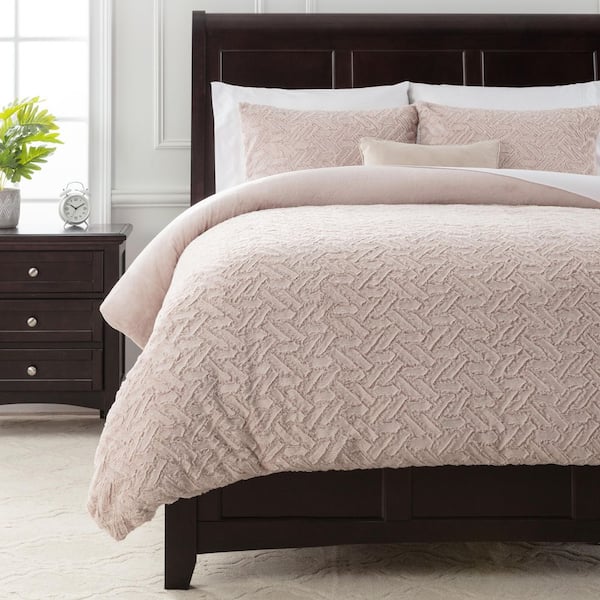 Chanasya 3-Piece Classy Pink Soft Cloud Embossed Textured Faux Fur Reversible Duvet Cover Set, Queen