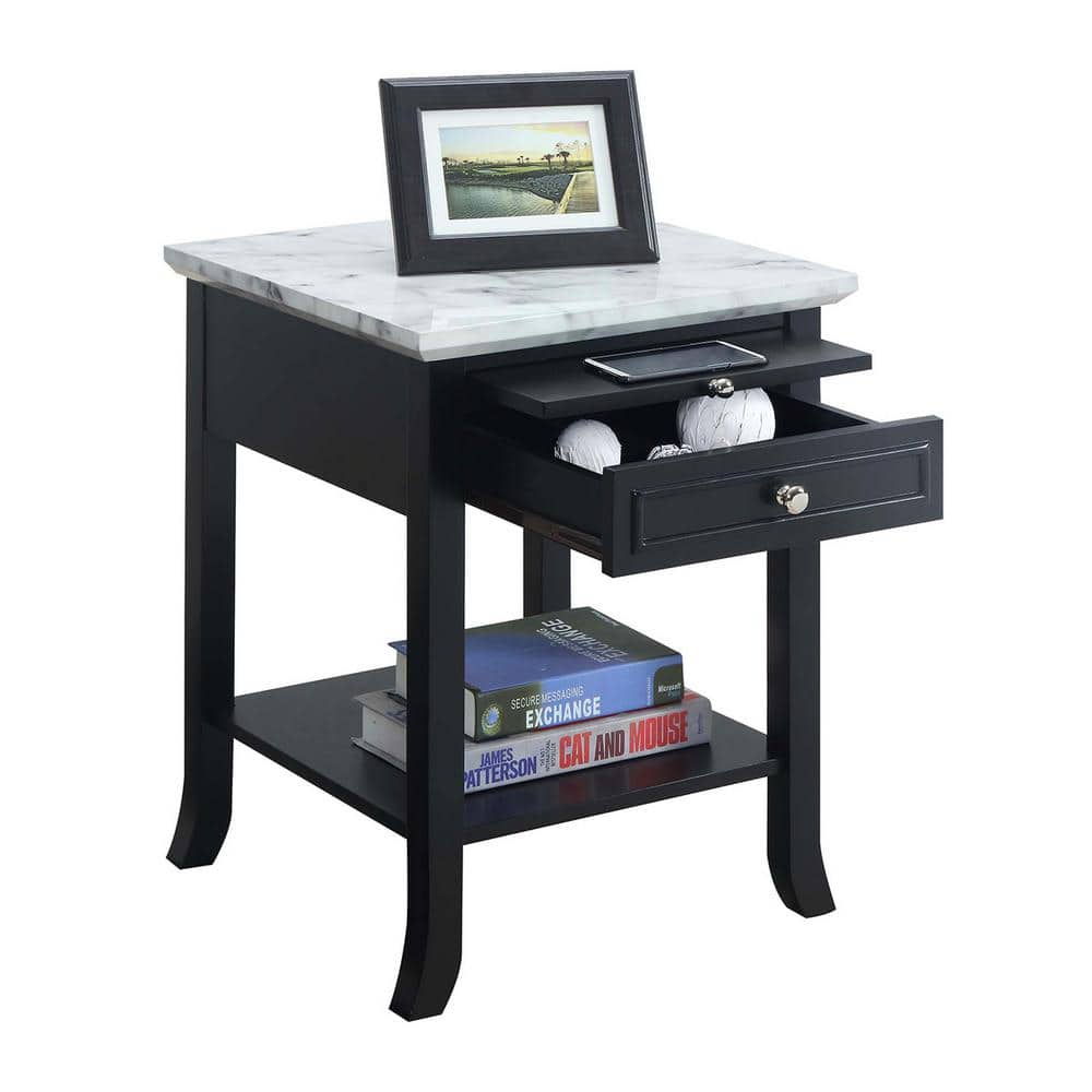 White Faux Marble and Black Wood End Table with Storage