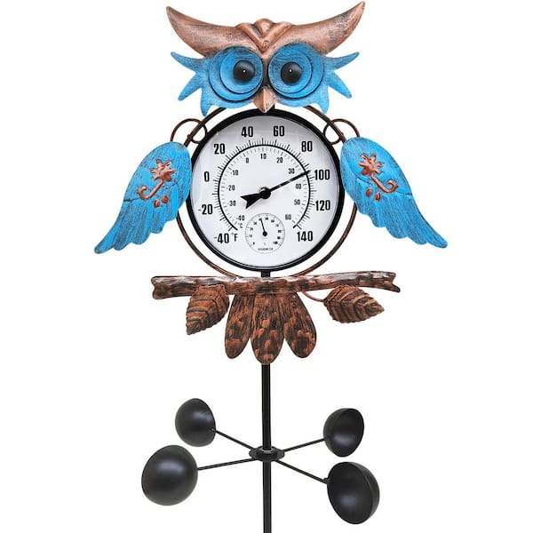 Outdoor Thermometer for Patio-Owl Garden Stake Thermometer with Wind Spinner Design