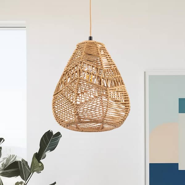 60-Watt 1-Light Brown Shaded Geometric Pendant Light with Rope Shade and No Bulbs Included