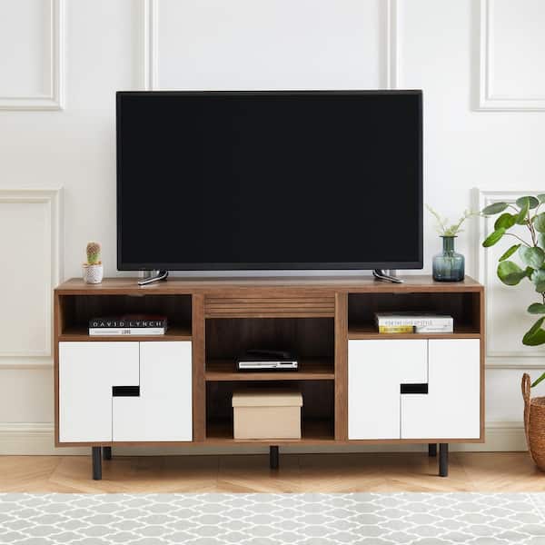 60 in. Freestanding Wooden TV Stand in Rustic Oak and White