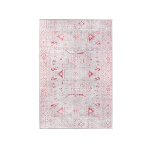 Aria Berry Red 5 ft. 7 in. x 8 ft. 9 in. Boho Geometric Distressed Polyester Indoor Area Rug