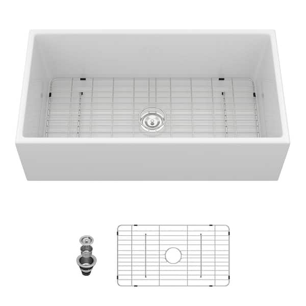 36 in. Farmhouse Single Bowl White Ceramic Kitchen Sink with Bottom Grids