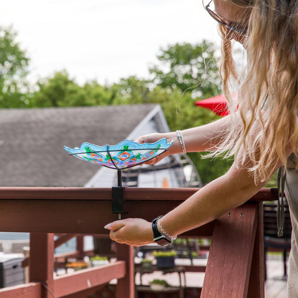 Turquoise Glass Bird Bath with Stand and Deck Clamp