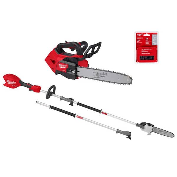 M18 FUEL 14 in. Top Handle 18V Battery Powered Brushless Cordless Chainsaw w/ M18 QUIK-LOK Pole Saw, Extra 14 in. Chain