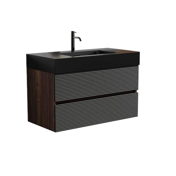 36 in. W Single Sink Floating Wall Mounted Black Bath Vanity with Black Ceramic Top and 2 Drawers