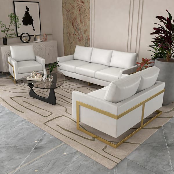 Leisuremod 3-Piece Sofa Set Upholstered in Leather with Gold Stainless Steel Base and Removable Cushions in White
