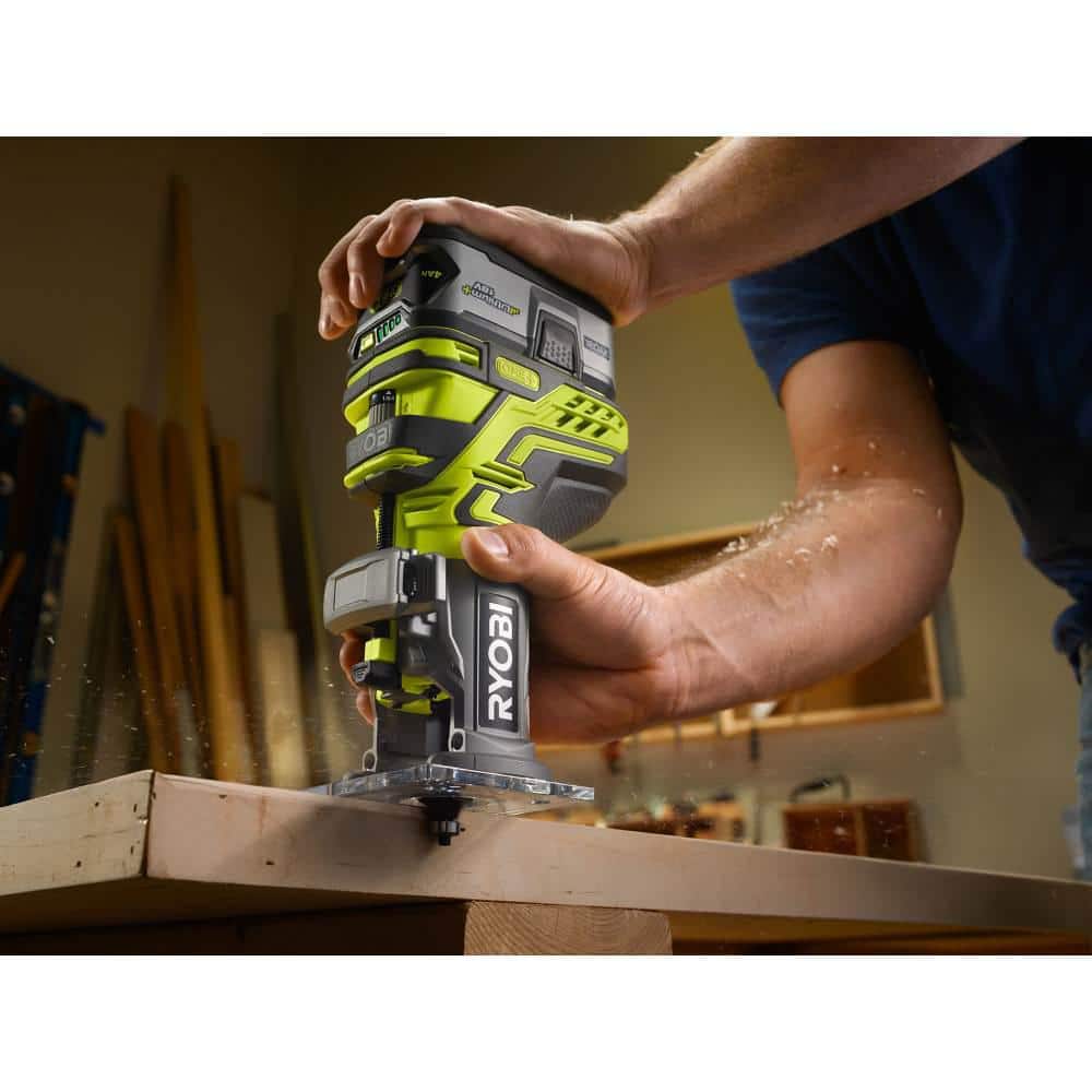 RYOBI P601-A25R151 ONE+ 18V Cordless Fixed Base Trim Router with Shank Carbide Router Bit Set (15-Piece)