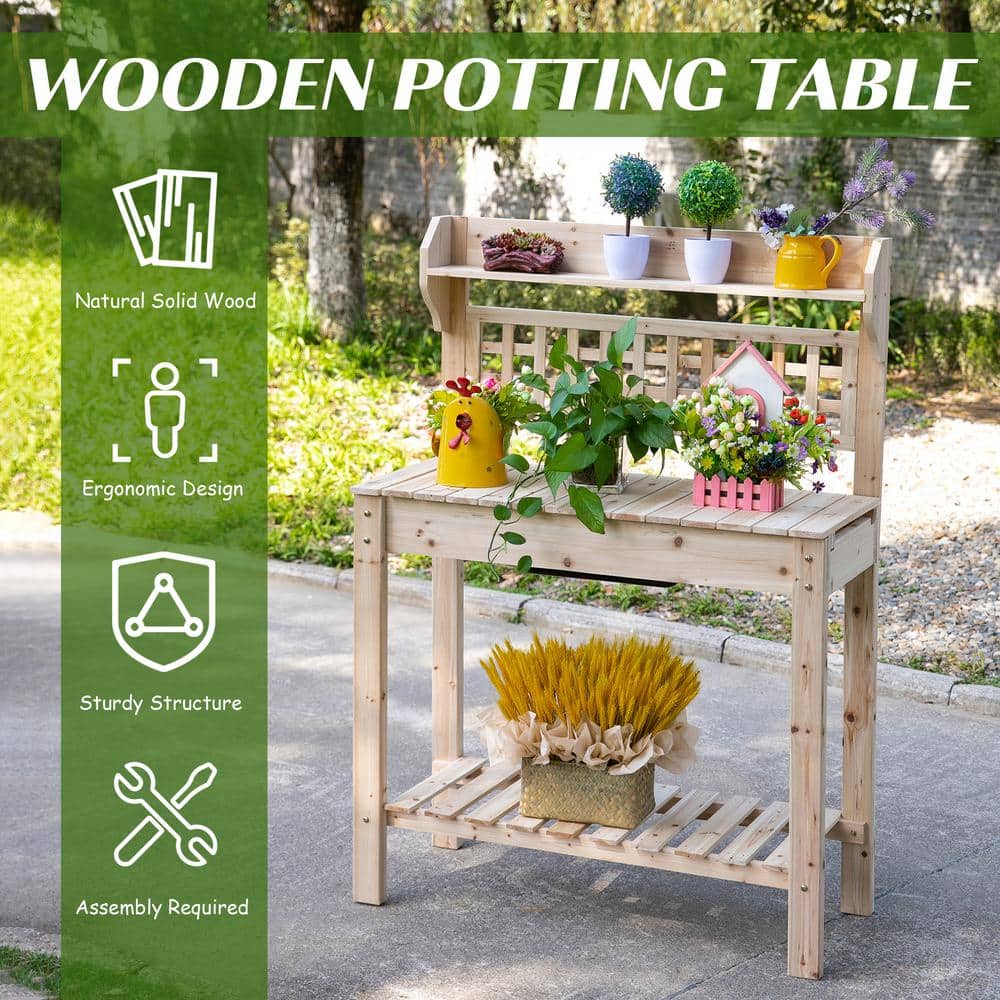 Natural Fir Wood Garden Potting Bench with Hidden Storage