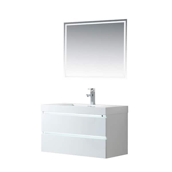 Vanity Art Annecy 36 in. W x 18.5 in. D x 20 in. H Bathroom Wall Hung LED Vanity in White w/ Single Basin Vanity Top in White Resin