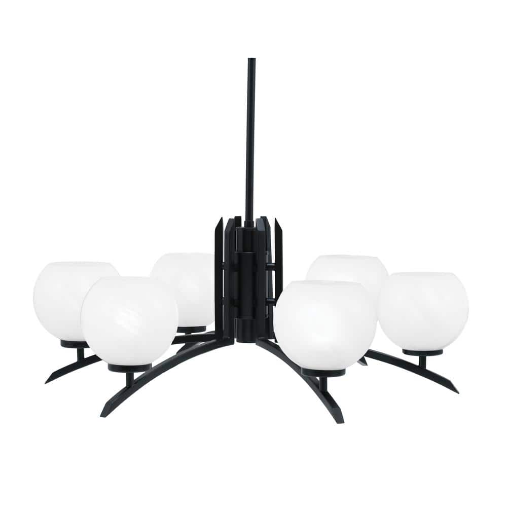 Siena 6-Light Matte Black Chandelier, Round Chandelier with White Marble Gl