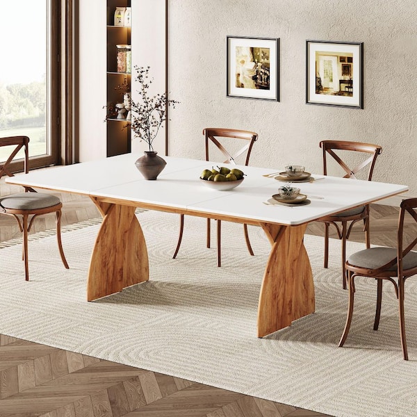 Halseey 71 in. Modern White and Brown Wood Pedestal Dining Table, Large Rectangle Kitchen Dinner Table for 6