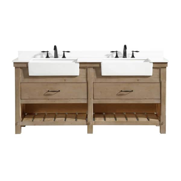 Marina 72 in. W x 20.5 in. D x 34.50 in. H Bath Vanity in Brown with White Engineered Stone Top w/White Farmhouse Basin