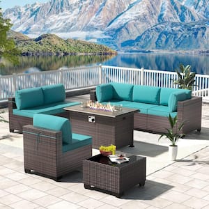 8-Piece Wicker Patio Conversation Set with 55000 BTU Gas Fire Pit Table and Glass Coffee Table and Blue Cushions