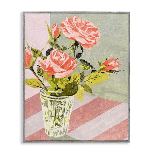 Stupell Industries Pink Roses on Stripes by Melissa Wang Gray Framed Nature Giclee Art Print 14 in. x 11 in.