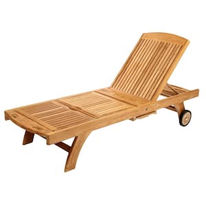 Colorado Reclining Teak Outdoor Chaise Lounger Chair with Slide Out Side Table and Wheels