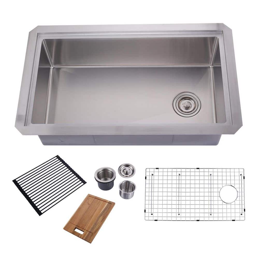 32 in. Undermount Workstation Single Bowl Nickel Stainless Steel Kitchen Sink with Bottom Grids and Basket Strainer price history on PriceWatchPro