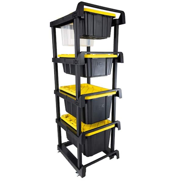 HDX 4-Tier Plastic Shelving Tote Stacker with Casters and 27 Gal