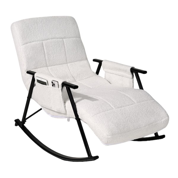 VECELO Outdoor Rocking Chair, Teddy Fabric Upholstered Patio Rocking Chair with Storage Bag, White Outdoor Rocker