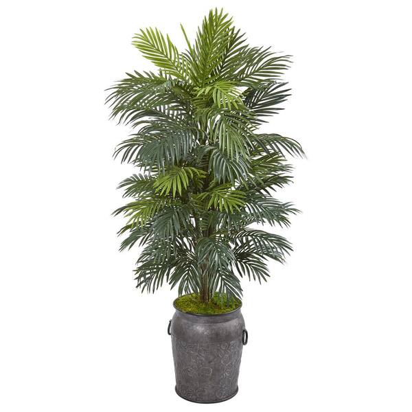 Nearly Natural 5 ft. Areca Palm Artificial Plant in Metal Planter