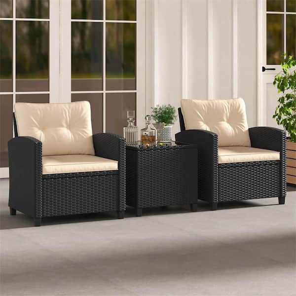 Costway 3-Piece Wicker Patio Conversation Set with Tempered Glass Coffee Table Washable Beige Cushions
