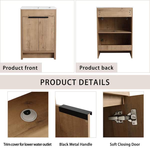 24 in. W x 18.31 in. D x 34.3 in. H Freestanding Bath Vanity Cabinet in Imitative Oak with White Ceramic Top