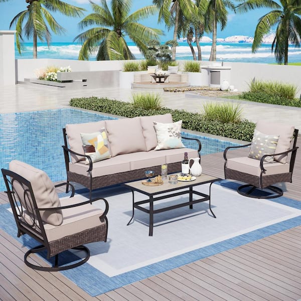 PHI VILLA Dark Brown Rattan 5 Seat 4-Piece Steel Outdoor Patio Conversation Set with Beige Cushions, Table with Wood-Grain Top
