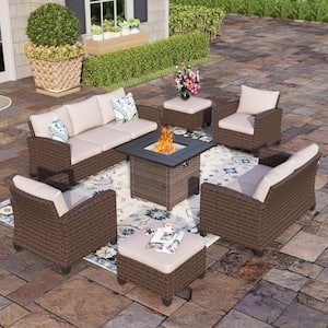 Brown Rattan Wicker 7-Piece Steel Outdoor Patio Conversation Set with Beige Cushions, Square Fire Pit Table