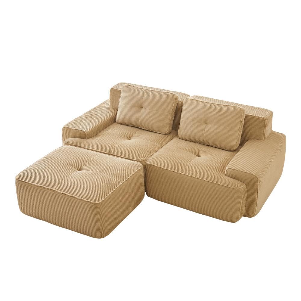 82 in. Curved 2-piece Corduroy L-Shaped Modular Sectional Sofa with Ottoman, Deep Seat in Camel