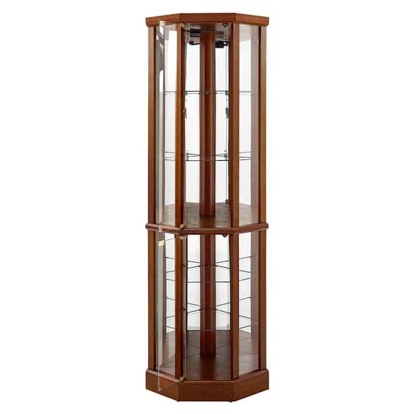 XUJMK 24 in. W x 19 in. D x 70 in. H Walnut Brown Linen Cabinet, 6 Shelf Lighted Corner Curio Cabinet, Storage Cabinet