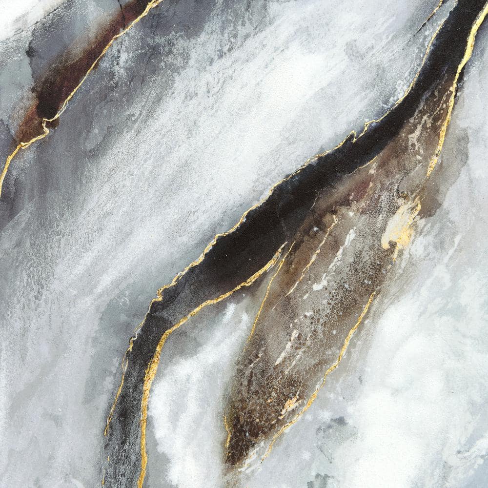 Flood Abstract Black and White Canvas with Gold Leaf and Champagne Frame, 36" x 36"