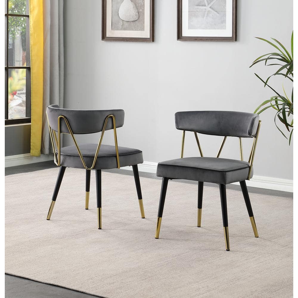 Gray Velvet Armless Dining Chairs with Gold Accents, Set of 2