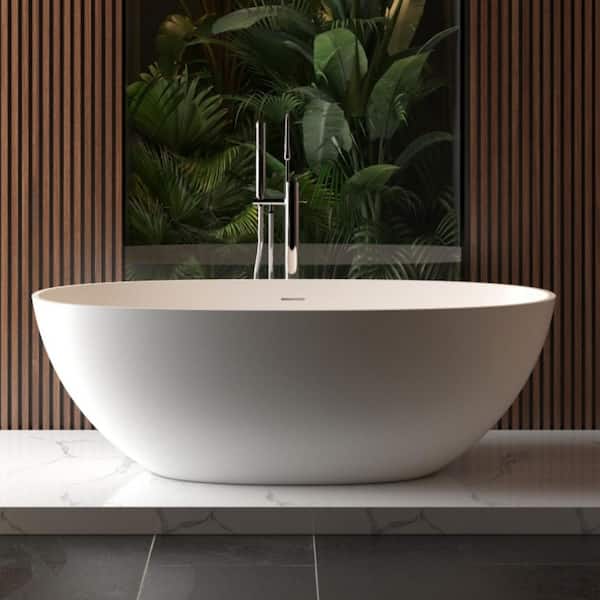 65 in. x 29.5 in. Solid Surface Soaking Bathtub with Center Drain Flat Bottom Free Standing Classic Oval Shape in White