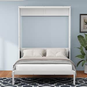 White Wood Frame Queen Size Murphy Bed, Folding Wall Bed with Desktop