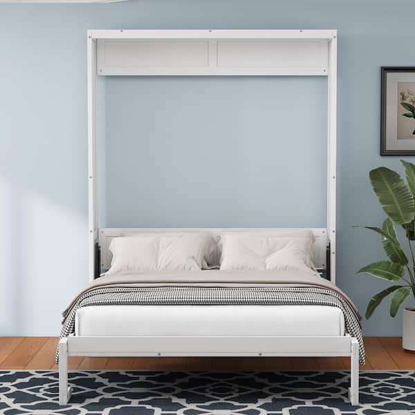 Harper & Bright Designs White Wood Frame Queen Size Murphy Bed, Folding Wall Bed with Desktop