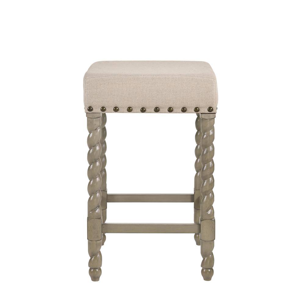 Weathered Gray 24" Rustic Farmhouse Metal & Wood Barstool with Leather Linen Seat