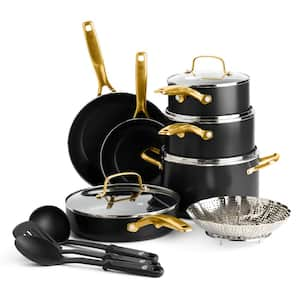 14-Piece Diamond Infused PFOA/PFAS-Free Ceramic Nonstick Cookware Set, Gold and Black