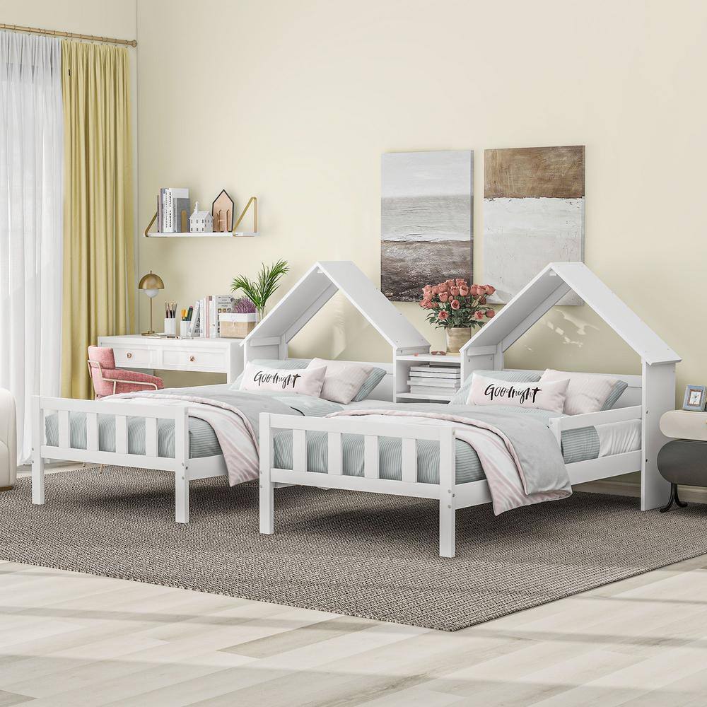 Polibi White Wood Frame Double Twin Size Platform Bed With House-Shaped ...